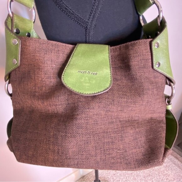 MATT  & NAT Vegan Brown Green Shoulder Bag Canvas Faux Leather - Picture 5 of 16